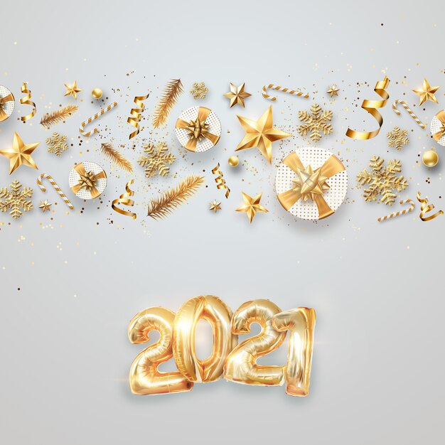 Christmas background, inscription 2021 with golden balls on light background.