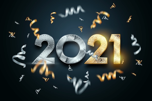 Christmas background lettering 2021 in metal and gold numbers on a dark background.