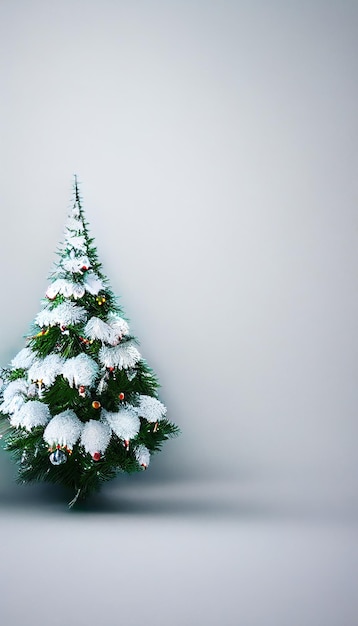 Christmas background Lonely decorated Christmas tree on a white snowy background