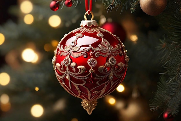 Christmas background red bauble on green pine with golden lights