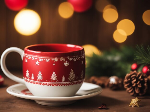 Photo christmas background red cup and coffee fir branches and christmas balls