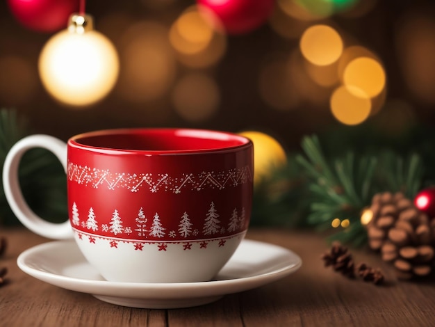 Christmas background red cup and coffee fir branches and christmas balls