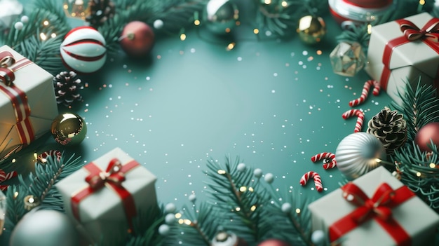 クリスマスの背景は3Dでレンダリングされています 背景はクリスマスの装飾品ガラスのボールキャンディーギフトボックス緑の杉の枝で満たされた丸いフレームで構成されています 伝統的な休日の挨