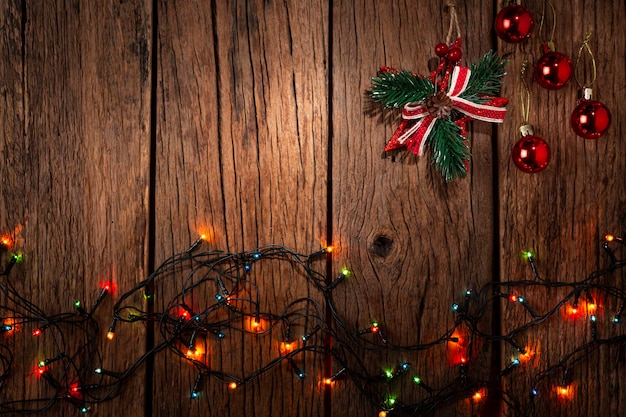 Christmas background in rustic wood and ornaments for christmas