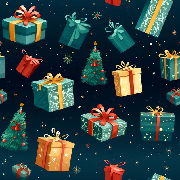 Christmas background seamless with pine giftbox ribbon suitable for use in graphics Generative ai