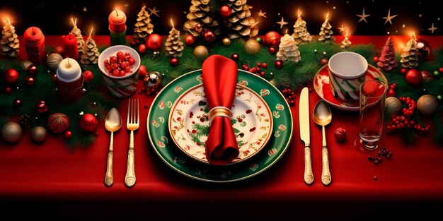 크리스마스 배경은 휴일 테마의 접시, 킨 및 실버웨어와 함께 축제 테이블 설정을 보여줍니다.
