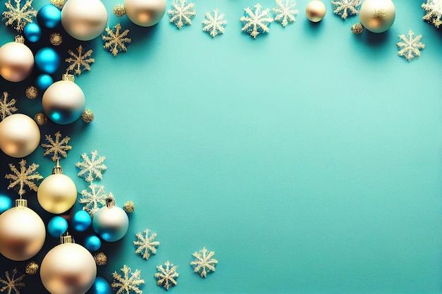 Christmas background. Snowflakes toy balls on spruce tree. 3d render illustration