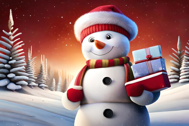 Рождественский фон снеговика с подарками и снежным знаком