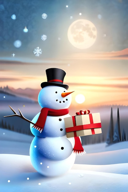 christmas background of snowman carrying gifts with snowy sign