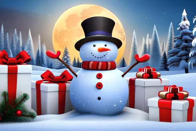 Photo christmas background of snowman carrying gifts with snowy sign