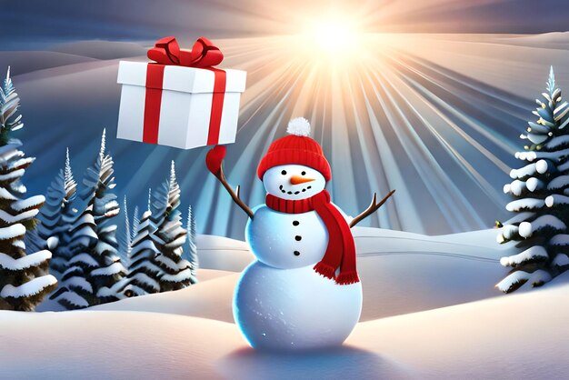 Photo christmas background of snowman carrying gifts with snowy sign