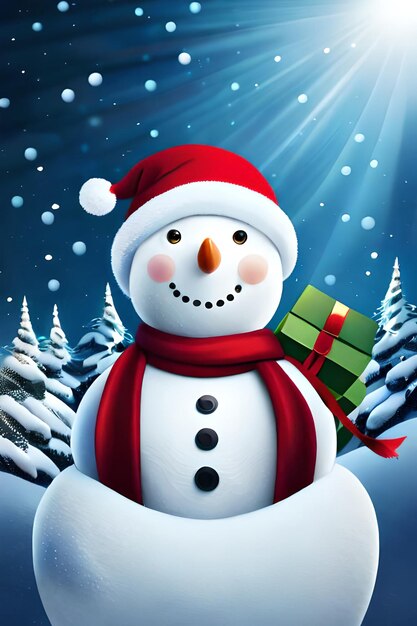 christmas background of snowman carrying gifts with snowy sign