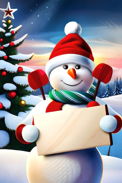 Photo christmas background of snowman carrying gifts with snowy sign