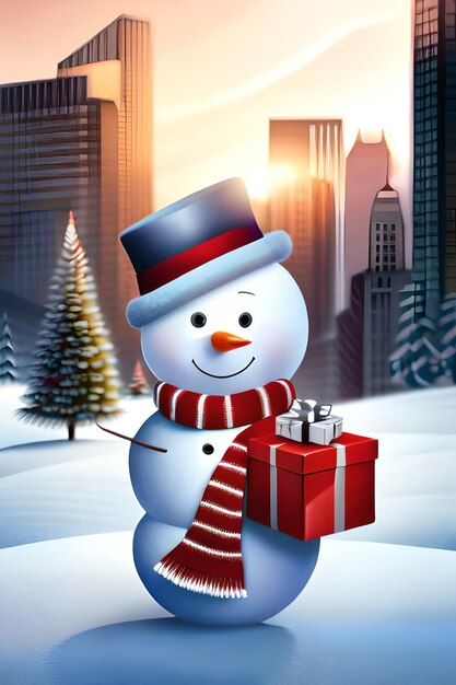 Photo christmas background of snowman carrying gifts with snowy sign