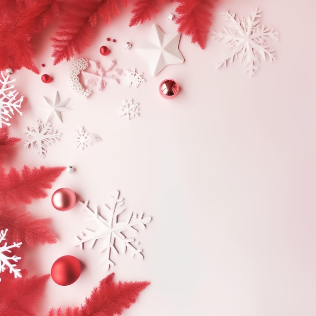 Photo christmas background soft red and pink color theme with ornaments and festival decoration items