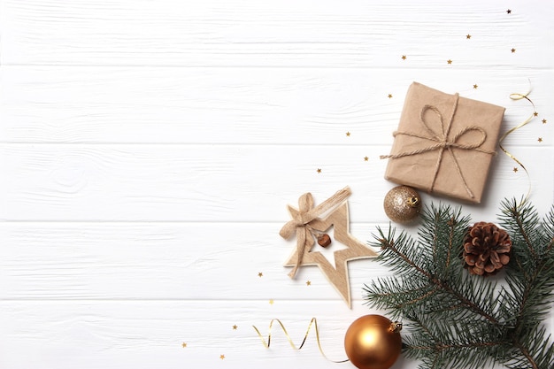 Christmas background in the style of minimalism top view with place for text. High quality photo