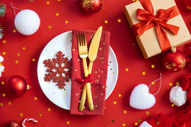 Christmas background table setting and decor. Selective focus. Nature.