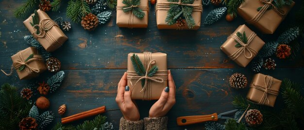 A Christmas background Top view of a woman wrapping a gift for the New Year A shabby wooden table with gifts scrolls spruce branches and tools Isolated workspace