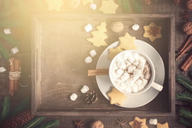 Christmas background. Tray with cocoa and cookies, decorated with cinnamon and marshmallow. Toned