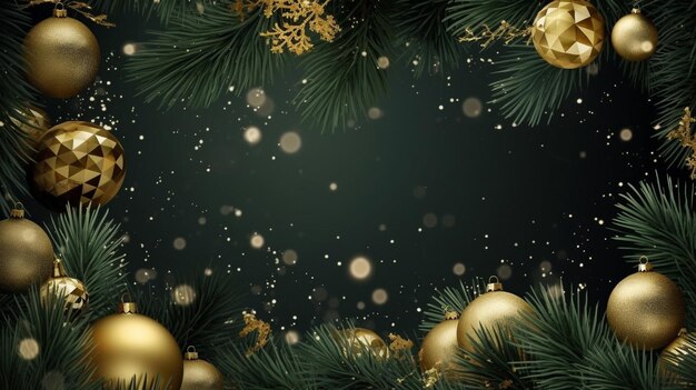 Christmas background of tree branches with gold balls Generative AI