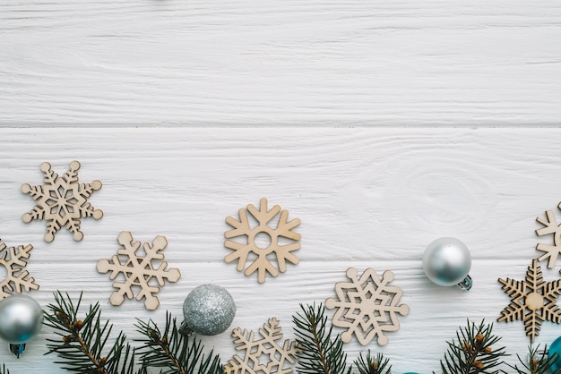 Christmas background on the white wooden desk