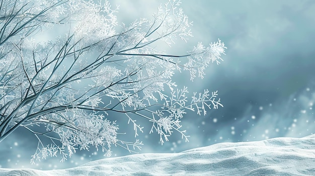 Christmas background Winter landscape with snowdrifts and tree branches in hoarfrost
