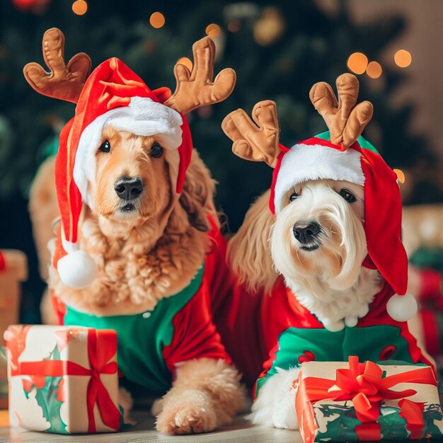 Foto sfondio di natale con due dei cani che indossano abiti di natale