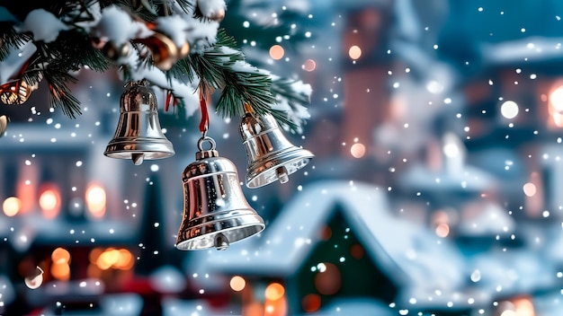 Фото Рождественский фон с елковой ветвью, украшенной колоколами, и панорамой праздничного города на заднем плане