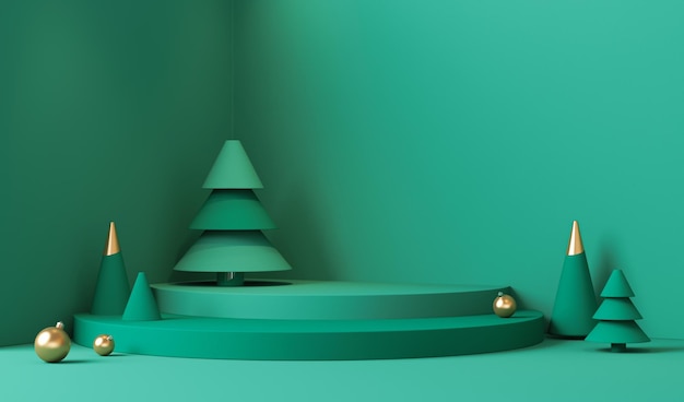 Christmas background with balls and pine trees podium on pastel green shape 3d render