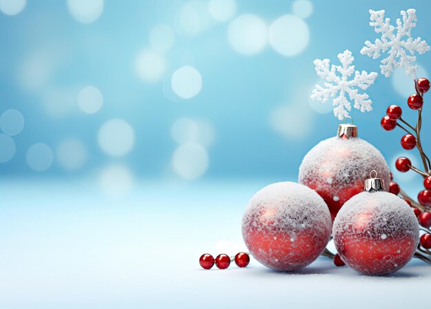 Christmas background with balls and snowflakes on blue bokeh