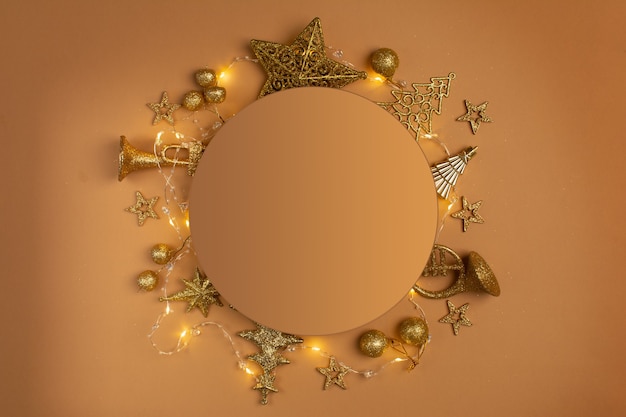 Photo christmas background with blank in center and golden holiday decoration