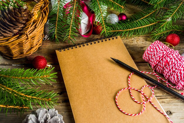 Christmas background with blank notebook