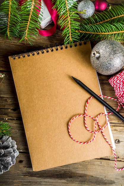 Photo christmas background with blank notebook