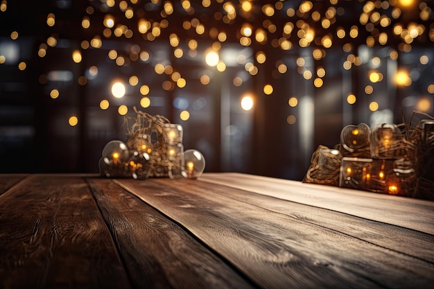 クリスマスの背景にぼやけたライトとダークウッドで作られたテーブル製品のモックアップを表示