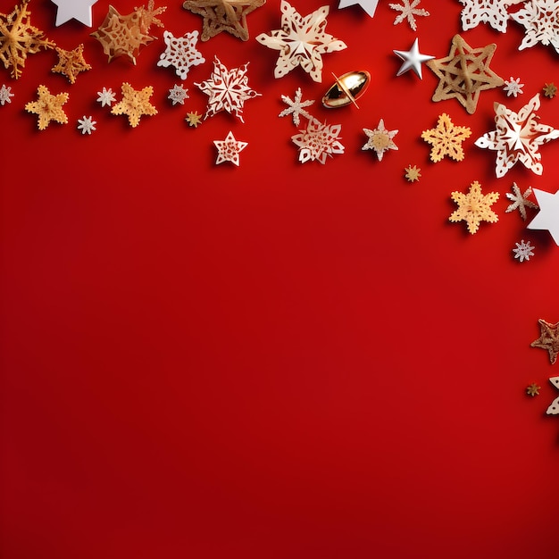 切り抜きの金箔の星と銀の雪の結晶で作られたボーダー付きのクリスマスの背景