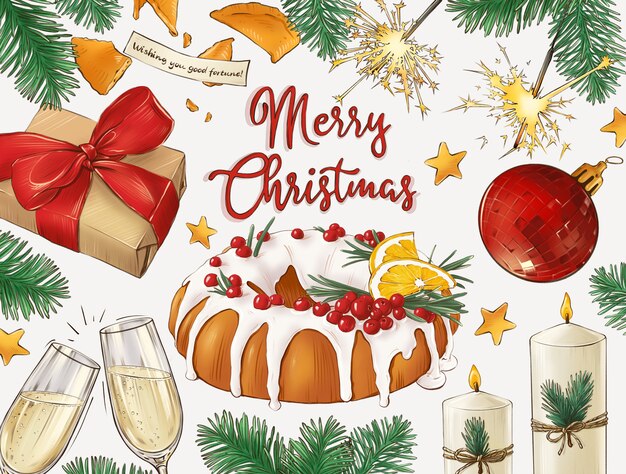 Photo christmas background with cake champagne sparkles and gift box