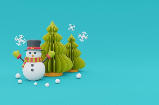 Photo christmas background with cartoon character snowmans and pine tree merry christmas and happy new year 3d rendering