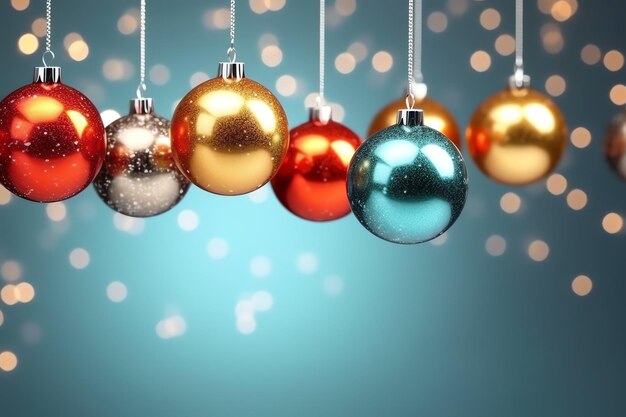 Christmas background with christmas balls ornaments hanging with copy space Christmas decoration