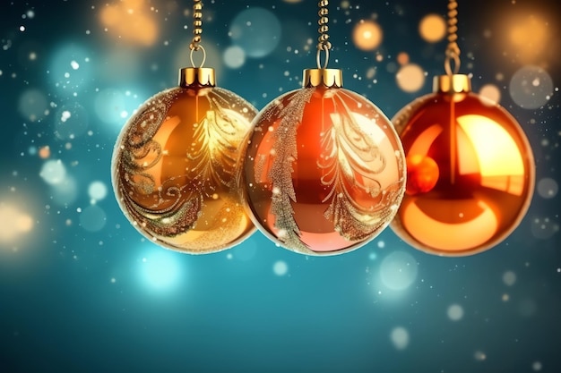 Christmas background with christmas balls ornaments hanging with copy space christmas decoration