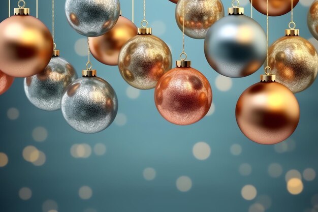Фото Рождественский фон с елочными шарами, украшениями, висящими с копировальным пространством, рождественские украшения