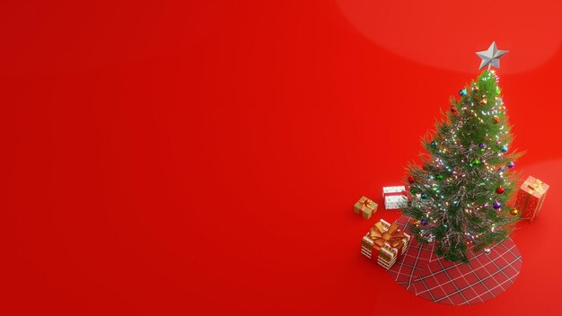 写真 クリスマス ツリーとギフト トップ ビュー 3 d レンダリング イメージとクリスマスの背景