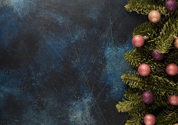 Christmas background with Christmas tree branches, top view, copy space