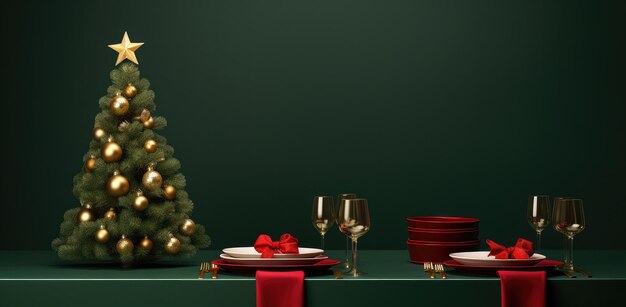 Christmas background with Christmas tree decoration and Christmas gifts on a wooden table greeting card or banner design