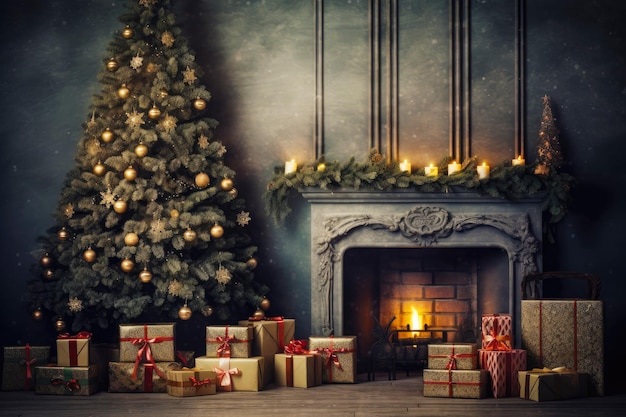 Christmas background with christmas tree gifts and fireplace against a wall