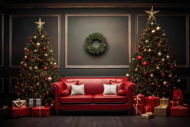 Christmas background with christmas tree gifts and sofa against a wall