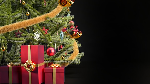 Christmas background with christmas tree red gift boxes and copy space 3d rendering