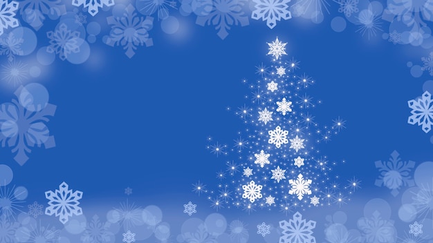 Christmas background with Christmas tree and snowflakes around the edges on a blue