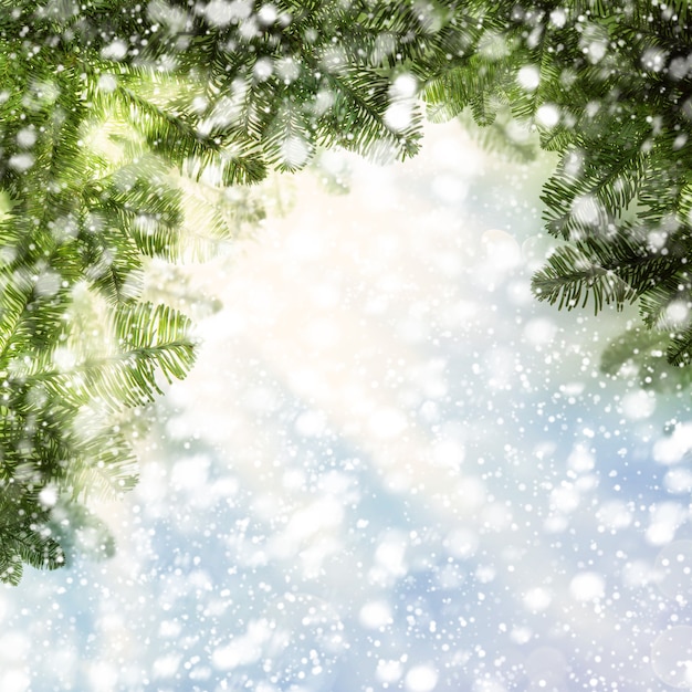 Christmas Background with Christmas Tree Twig and Snow on Abstract Glitter