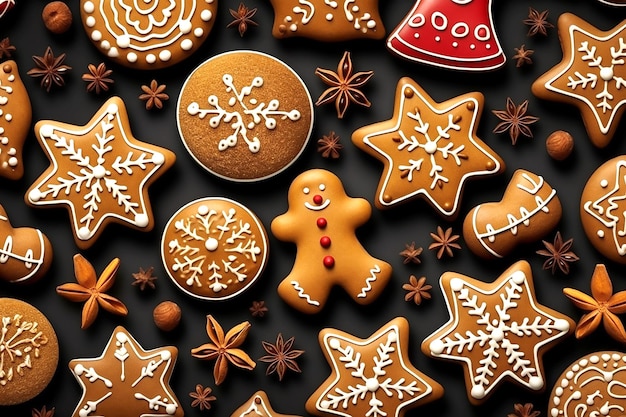 쿠키와 함께 크리스마스 배경 검은 배경에 크리스마스 패턴