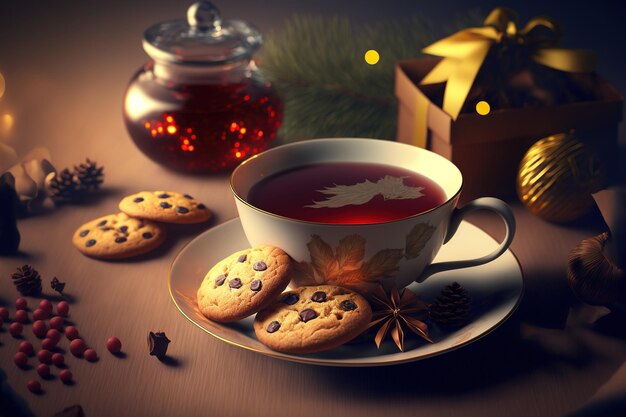 Christmas background with a cup of tea and cookies Focus Selected